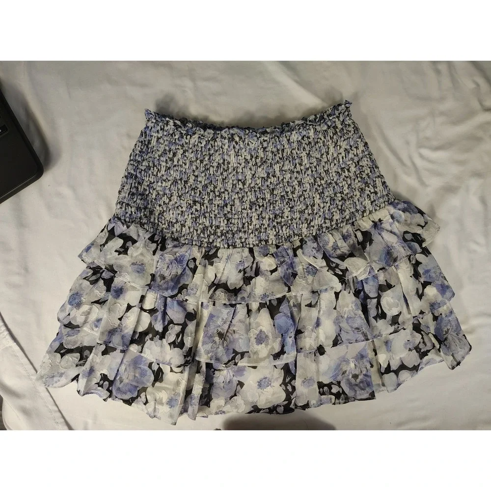 LoveShackFancy Blue Floral Smocked Ruffle Mini Skirt‎ XS New With Tags